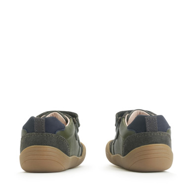 Duel, Dark green leather and orange casual rip-tape first walking trainers