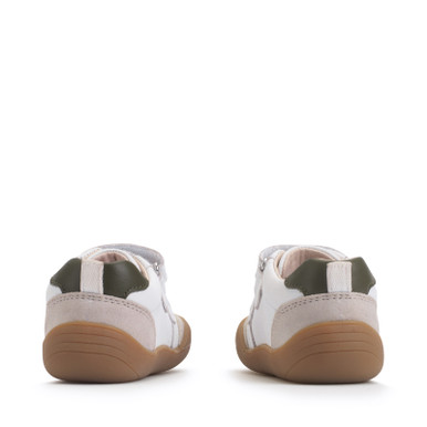 Duel, White leather khaki casual rip-tape first walking trainers