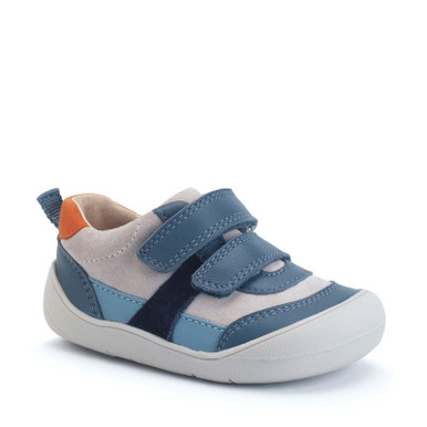 Duel, Denim blue multi leather/nubuck casual rip-tape first walking trainers
