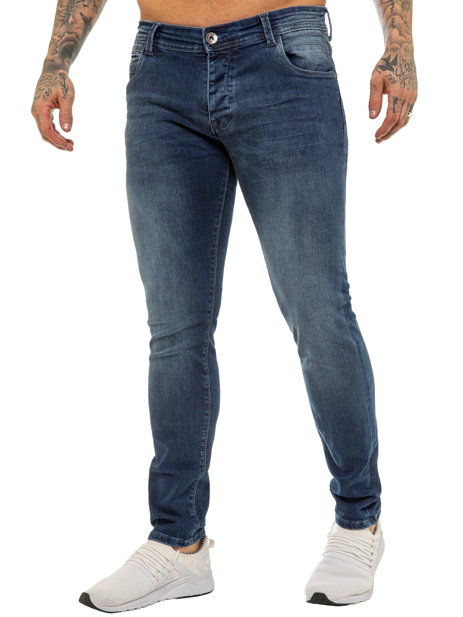ETO | Mens Designer Basic Hyperstretch Blue Jeans - Mid Stonewash / 28W / Short (30")